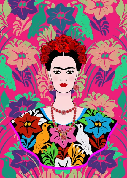 Frida Kahlo retrato vectorial, joven hermosa mexicana con un peinado tradicional, joyas artesanales mexicanas y vestido, vector aislado o fondo floral — Vector de stock