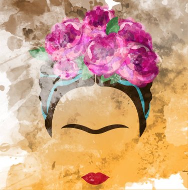 Frida Kahlo vektör portre, suluboya tarzı, el duvarın üzerinde çizimi
