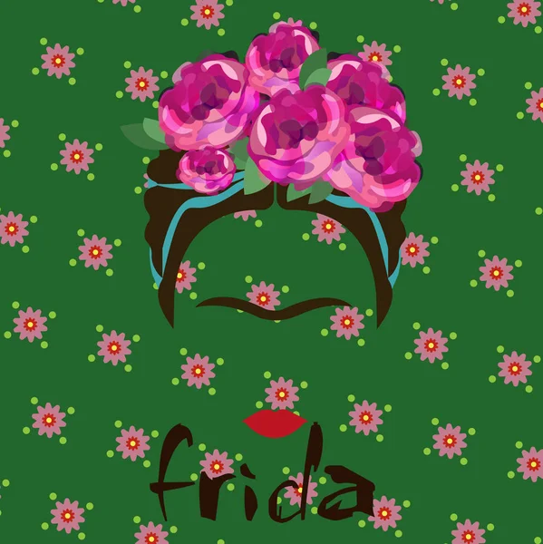 Retrato de Frida Kahlo, ilustración vectorial aislada, retrato de mujer mexicana o española moderna, estilo de dibujo, fondo floral verde — Vector de stock