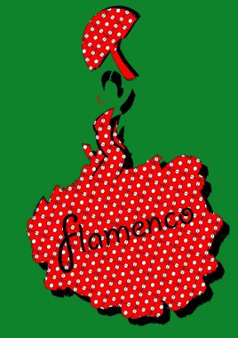 Flamenko dansçısı, siluet uzun elbiseli güzel İspanyolca kadın ile fan, izole vektör veya yeşil arka plan