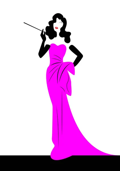 Γυναίκα, μαύρη σιλουέτα ντίβα μόδας λογότυπο κατάστημα. Λογότυπο εταιρείας σχεδιασμός, όμορφο κορίτσι κάλυψη ρετρό σε ροζ φόρεμα, διάνυσμα απομονωμένες — Διανυσματικό Αρχείο