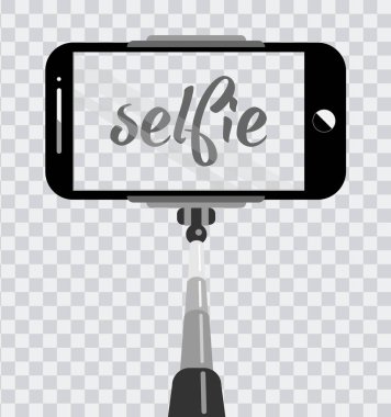 Smartphone ile şeffaf arka plan üzerinde izole monopod üzerinde boş perde. Selfie cep telefonu konsepti üzerine fotoğraf. Kendi kendine portre mockup. Fotoğraf illüstrasyon için modern gadget sopa ile. izole