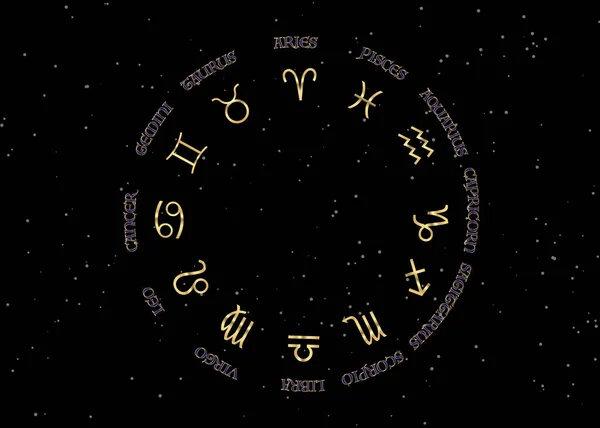 Asztrológia és horoszkóp - arany jelei a zodiákus át az éjszakai égre és a csillagok sötét éjszaka ég háttere, vektoros illusztráció — Stock Vector