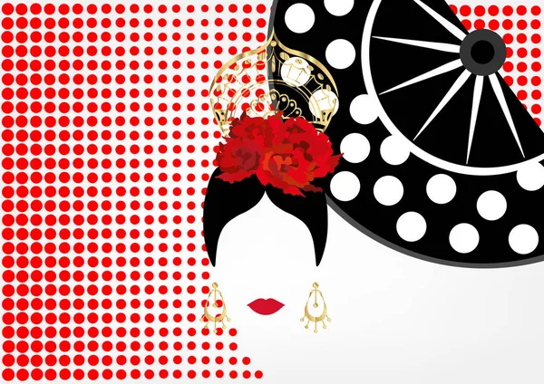 Vector portret van traditionele Latijnse of Spaanse vrouw danser, Lady met gouden accessoires peineta, oorbellen en rode bloem, Flamenco pictogram met traditionele ventilator. Rode polka dot achtergrond — Stockvector