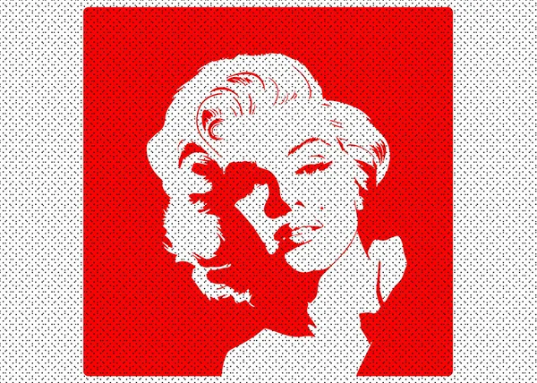 Potret grafis vektor Marilyn Monroe, latar belakang merah ikon diva - Stok Vektor