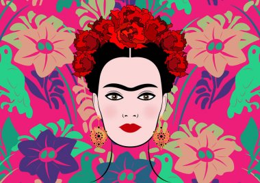 Frida Kahlo vektör portre, geleneksel bir saç modeli, izole veya çiçek arka plan ile genç güzel bir Meksikalı kadın 