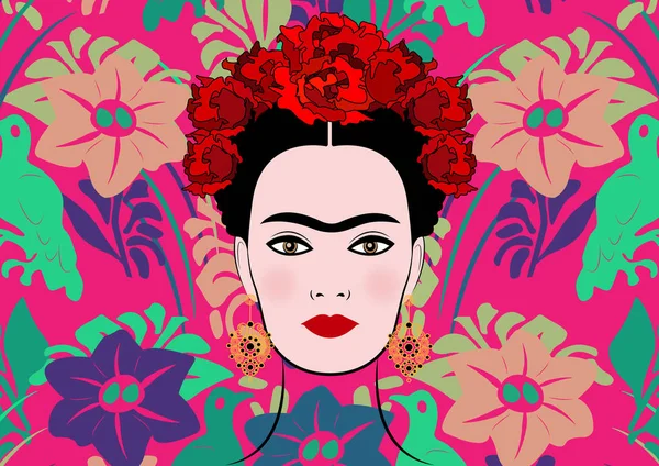 Φρίντα Κάλο διάνυσμα πορτρέτο, νεαρή όμορφη Μεξικού γυναίκα με ένα παραδοσιακό hairstyle, απομονωμένες ή floral φόντο — Διανυσματικό Αρχείο