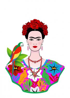 Frida Kahlo vektör dikey, papağan, geleneksel saç modeli, Meksika el sanatları takı ve elbise genç güzel Meksikalı kadın vektör izole veya beyaz arka plan 