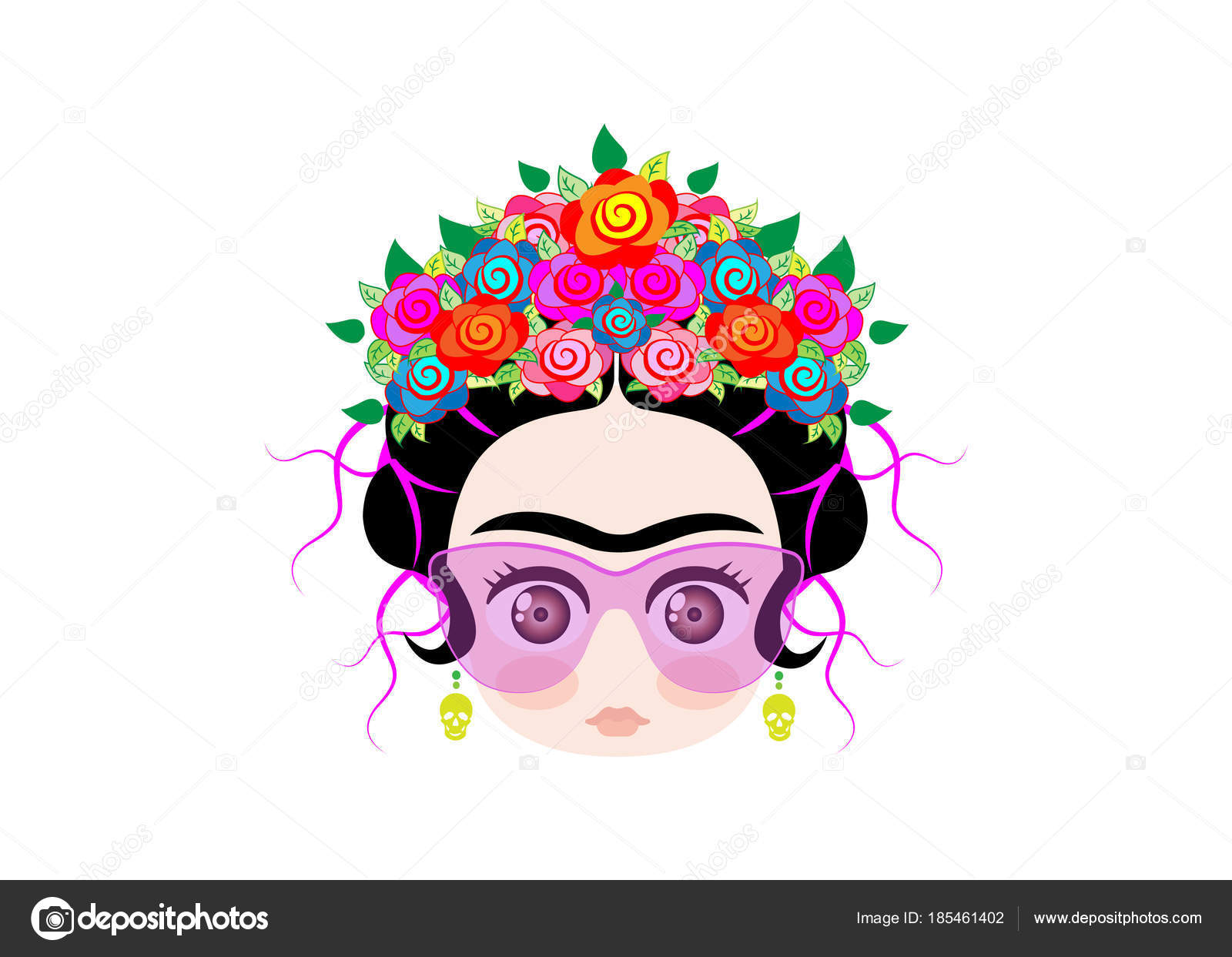 Download Emoji baby frida kahlo met kroon van kleurrijke bloemen en glazen, vectorillustratie geïsoleerd ...