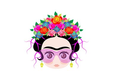 Emoji baby frida kahlo  with crown of colorful flowers and glasses , vector illustration isolated  clipart