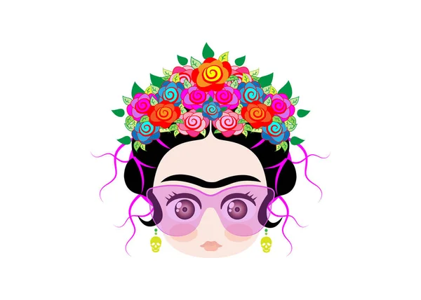 Emoji μωρό Φρίντα Κάλο με στεφάνι από πολύχρωμα λουλούδια και γυαλιά, εικονογράφηση διάνυσμα απομονωμένες — Διανυσματικό Αρχείο
