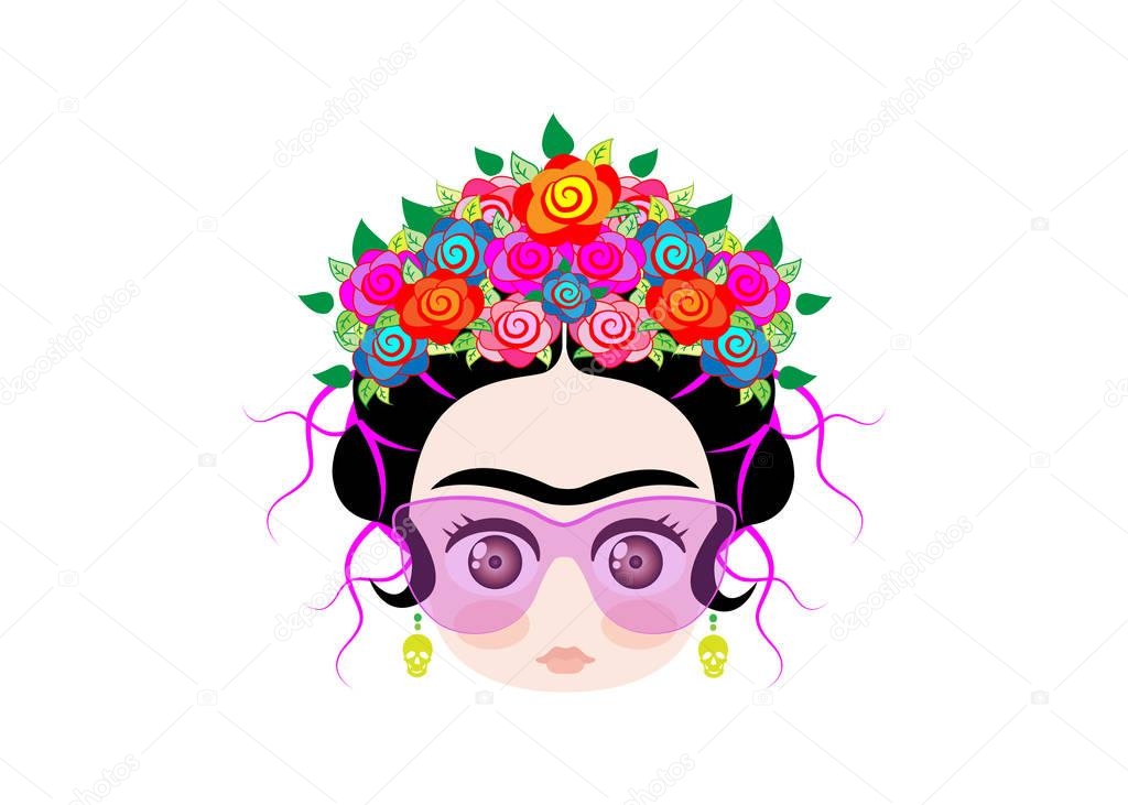 Emoji baby frida kahlo  with crown of colorful flowers and glasses , vector illustration isolated 