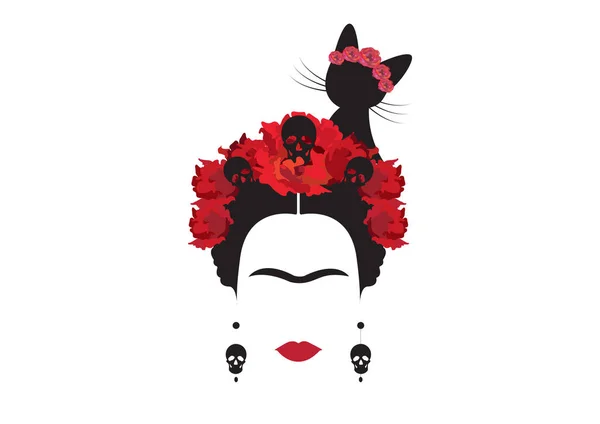 Φρίντα Κάλο μινιμαλιστικό πορτρέτο με σκουλαρίκια κρανία, κόκκινα λουλούδια και μαύρη γάτα, διάνυσμα απομονωμένες ή λευκό φόντο — Διανυσματικό Αρχείο