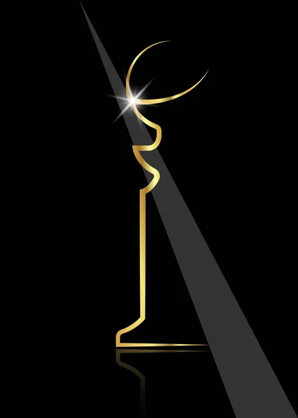 Trofeo Golden Shiny, icona astratta della scultura moderna, per illustrazioni di premi sportivi o aziendali, film e titoli simbolo del cinema. Vettore, sfondo nero — Vettoriale Stock