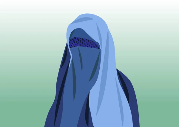 Beautiful portrait of arabic muslim woman closed face veil, blue Burka vector illustration isolated or green background — Stock Vector