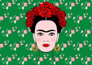 Frida Kahlo vektör portre, geleneksel bir saç modeli, izole veya çiçek arka plan ile genç güzel bir Meksikalı kadın 
