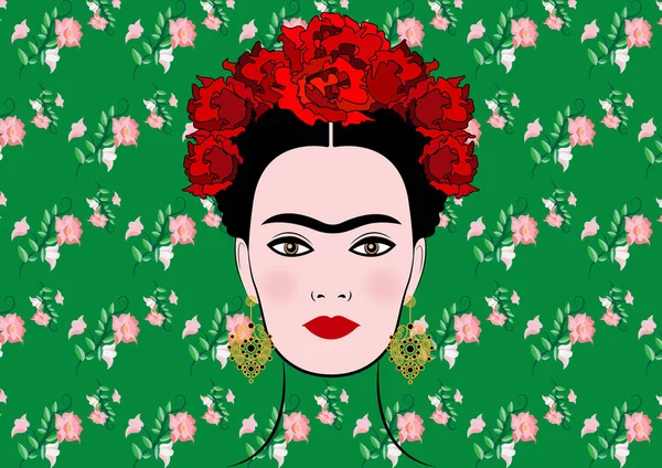 Frida Kahlo vector portrait , young beautiful mexican woman with a traditional hairstyle, isolated or floral background — Stock Vector