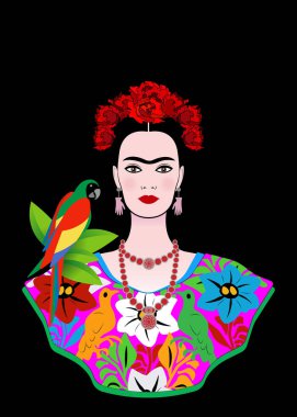 Frida Kahlo vektör dikey, papağan, geleneksel saç modeli, Meksika el sanatları takı ve elbise genç güzel Meksikalı kadın vektör izole veya siyah arka plan 