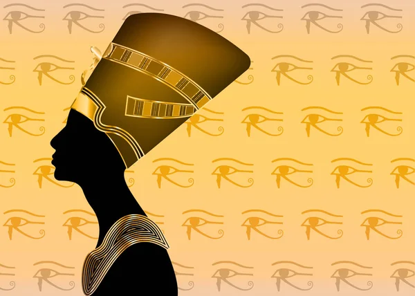 Egyptian silhouette icon. Queen Nefertiti. Vector portrait Profile with golden jewels and precious stones, Gold accented silhouette of a queen, isolated on Eyes of Horus background. — Stock Vector