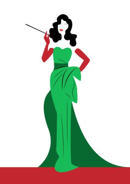 Dükkanı logo kadın moda, güzel esmer siluet diva. Şirket logo tasarım, güzel kapak kızı zarif yeşil ve Kırmızı elbiseli, vintage kadın bir ağızlık, izole vektör sigara retro