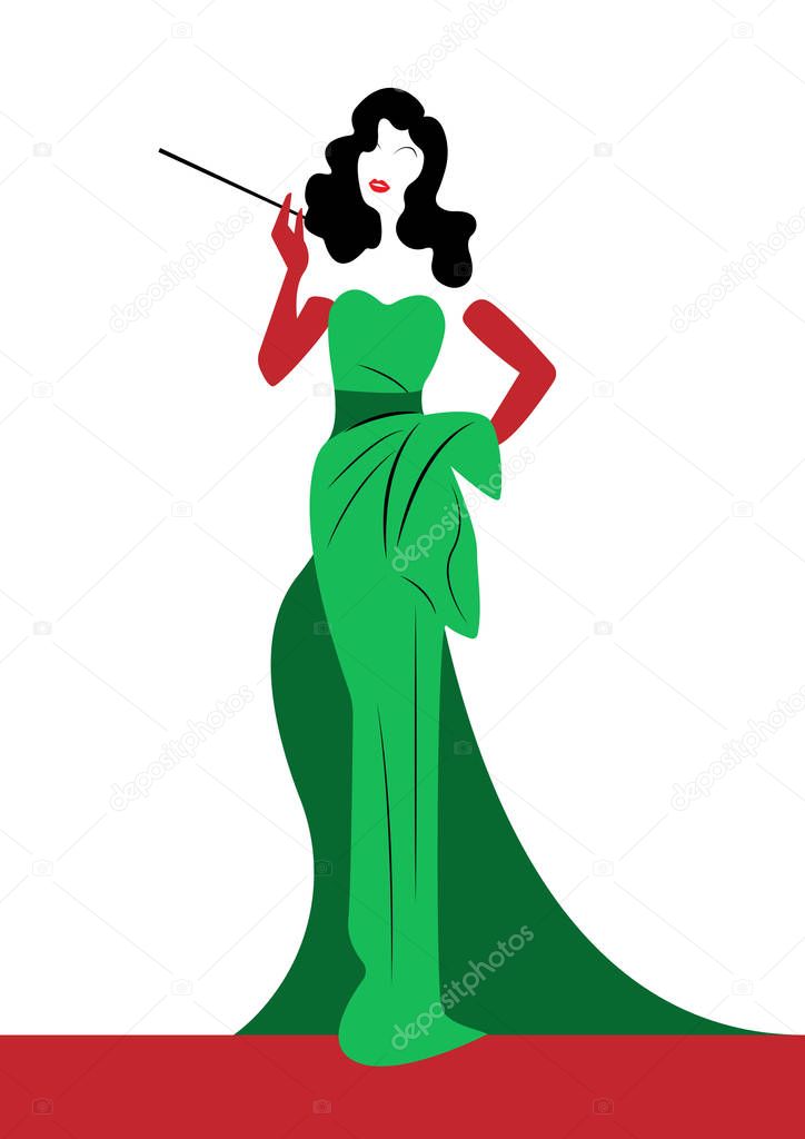 shop logo fashion woman, Beautiful brunette silhouette diva. Company logo design, Beautiful cover girl retro in elegant green and red dress, vintage woman smoking a cigarette holder, vector  isolated
