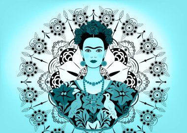 Frida Kahlo vektör portre, bir geleneksel saç modeli, Meksika el sanatları takı ve elbise, vektör ile genç güzel bir Meksikalı kadın izole veya mandala arka plan dekore edilmiş 