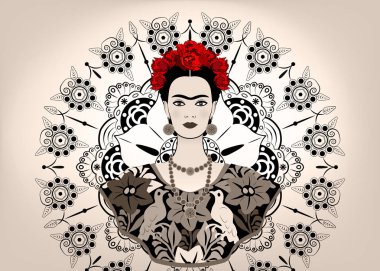 Frida Kahlo vektör portre, bir geleneksel saç modeli, Meksika el sanatları takı ve elbise, vektör ile genç güzel bir Meksikalı kadın izole veya mandala arka plan, tek renkli stil süslü 