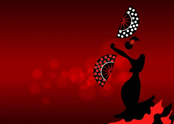 Танцовщица фламенко, сексуальный силуэт красивая испанка в длинном платье с веером в захватывающей позе, вектор изолированный или красный размытый фон — стоковый вектор