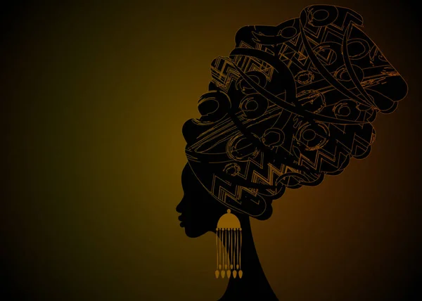 Retrato hermosa mujer africana en turbante tradicional, Kente cabeza envoltura africana, impresión dashiki, negro afro mujeres vector silueta aislada o batik África decoración geométrica étnica tela de color marrón, concepto de peinado — Vector de stock