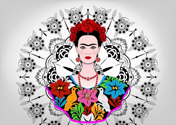 Frida Kahlo retrato vetorial, jovem bela mulher mexicana com um penteado tradicional, artesanato mexicano jóias e vestido, vetor isolado ou decorado mandala fundo — Vetor de Stock