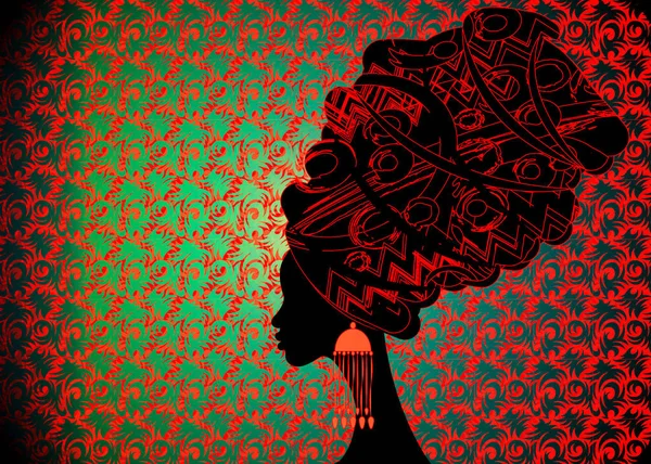 Portré gyönyörű afrikai nő hagyományos turbán, Endre fejét csavarja afrikai, dashiki nyomtatás, fekete afro nők vektor silhouette elszigetelt vagy Afrika batikolt etnikai virág dekoráció háttér — Stock Vector
