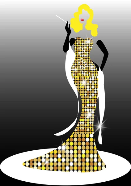 Diva Hollywood sziluett, gyönyörű retro divat szőke nő, stílus és estélyi ruha 1940s 1950s, a szexi hölgy a dohányzás cigaretta tartó és visel arany béna ruha ruha, elszigetelt vektor — Stock Vector