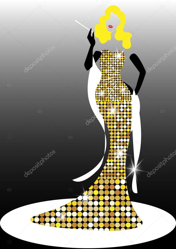 Diva Hollywood silhouette, Beautiful retro fashion blond woman, styling and evening dress 1940s 1950s, Sexy Lady smoking with cigarette holder and wears gold lame dress costume, vector isolated 