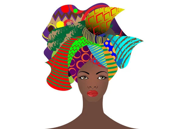Retrato da jovem mulher africana em um turbante colorido. Envolva Afro moda, Ancara, Kente, kitenge, vestidos de mulheres africanas. Estilo nigeriano, moda ganesa. Vetor isolado para impressão, cartaz, t-shirt — Vetor de Stock