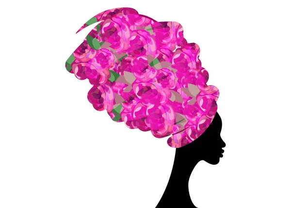 Portrait belle femme africaine dans turban traditionnel, Kente enveloppement de tête africaine, impression traditionnelle dashiki, tissu rose, silhouette vectorielle de femmes noires isolées, concept de coiffure — Image vectorielle