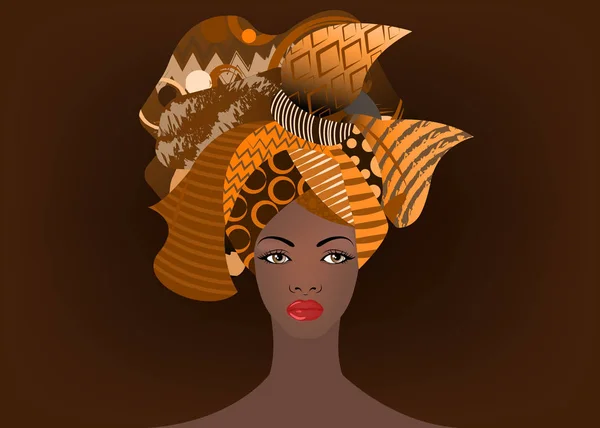 Retrato da jovem mulher africana em um turbante colorido. Envolva Afro moda, Ancara, Kente, kitenge, vestidos de mulheres africanas. Estilo nigeriano, moda ganesa. Vetor isolado para impressão, cartaz, t-shirt, cartão —  Vetores de Stock