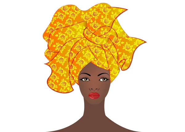 在一个五颜六色的头巾的年轻非洲妇女的肖像。裹着非洲时尚, 安卡拉, 科特, kitenge, 非洲妇女礼服。尼日利亚风格, 加纳时尚。用于打印、海报、t恤、卡片的矢量隔离 — 图库矢量图片