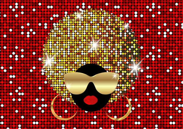 Porträtt afrikanska kvinnor, mörk hud kvinnliga ansikte med glänsande hår afro och guld metall solglasögon i traditionella etniska gyllene turban, frisyr koncept, täcka för svart musik, disco, skönhet händelser — Stock vektor
