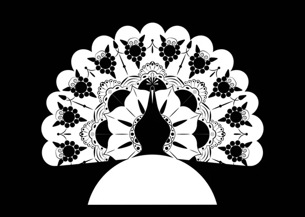 Pfau-Ikone Silhouette Schwanz verziert Mandala. Logo Design Vektor-Vorlage linearen Stil. umreißen Vogel Pfau Etikett mit luxuriösen Pfauenschwanzfedern in modernem Linienstil. Vektor isoliert oder schwarz — Stockvektor