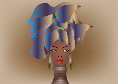 renkli sarık genç Afrikalı kadın portresi. Afro moda, Ankara, başşehir, şal kitenge, Afrika bayan elbise ile etnik takı. Nijeryalı stil, Ganalı moda. Vektör çizim 