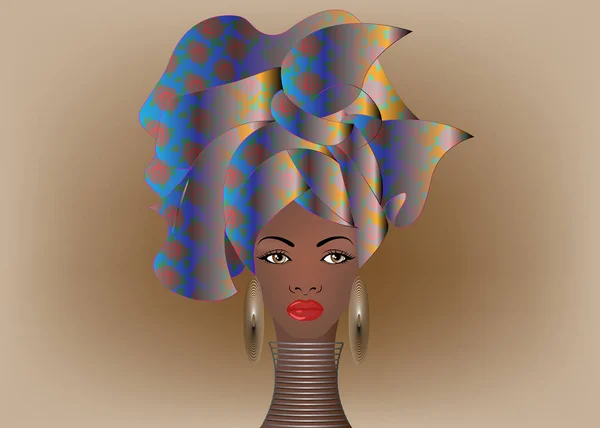 Πορτρέτο της η νεαρή αφρικανική γυναίκα σε ένα πολύχρωμο τουρμπάνι. Τυλίξτε Αφρο μόδα, Άγκυρα, ΚΕΝΤΕ, kitenge, φορέματα των γυναικών της Αφρικής με έθνικ κοσμήματα. Στυλ Νιγηρίας, Γκάνα μόδας. Εικονογράφηση διάνυσμα — Διανυσματικό Αρχείο