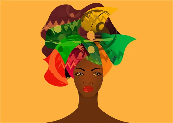 Portrait de la jeune femme africaine dans un turban coloré. Wrap Afro fashion, Ankara, Kente, kitenge, robes de femmes africaines. Style nigérian, mode ghanéenne. Vecteur d'impression, affiche, t-shirt, carte — Image vectorielle