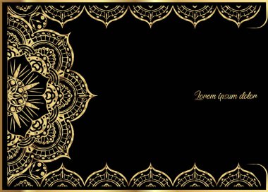 Siyah bir zemin üzerine altın vintage tebrik kartı. Lüks süsleme şablonu. Büyük davet, el ilanı, menü, broşür, kartpostal, arka plan, duvar kağıdı, dekorasyon için herhangi bir fikir istenen. Şark stili 