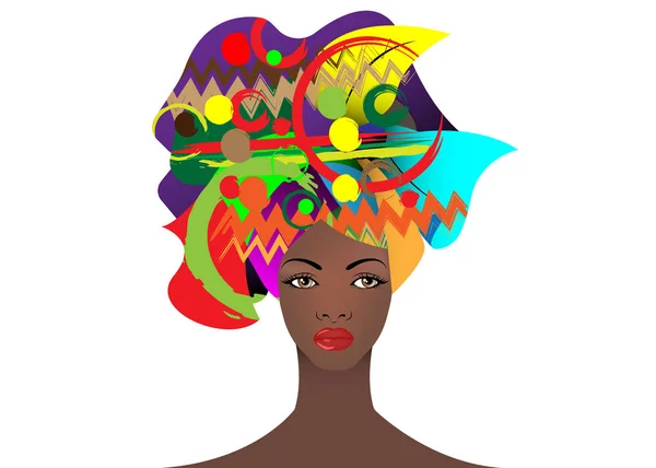 Retrato de la joven mujer africana en un turbante colorido. Envolver Afro moda, Ankara, Kente, kitenge, vestidos de mujeres africanas. Estilo nigeriano, moda ghanesa. Vector para imprimir, póster, camiseta, tarjeta — Archivo Imágenes Vectoriales