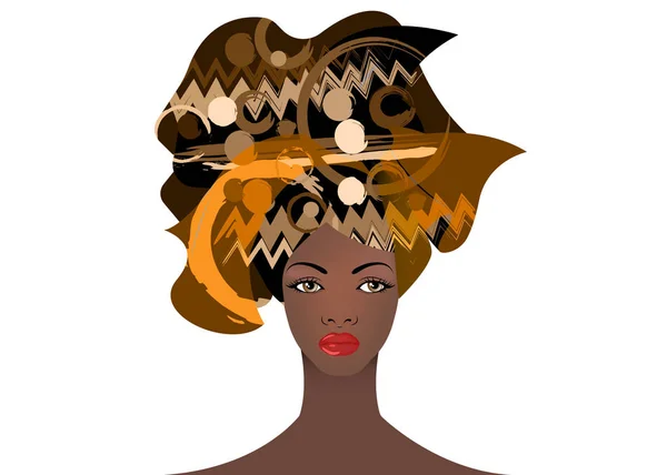 Portrait de la jeune femme africaine dans un turban coloré. Wrap Afro fashion, Ankara, Kente, kitenge, robes de femmes africaines. Style nigérian, mode ghanéenne. Vecteur d'impression, affiche, t-shirt, carte — Image vectorielle