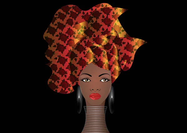 Retrato de la joven mujer africana en un turbante colorido. Envolver Afro moda, Ankara, Kente, kitenge, mujeres africanas vestidos con joyas étnicas. Estilo nigeriano, moda ghanesa. Ilustración vectorial — Vector de stock