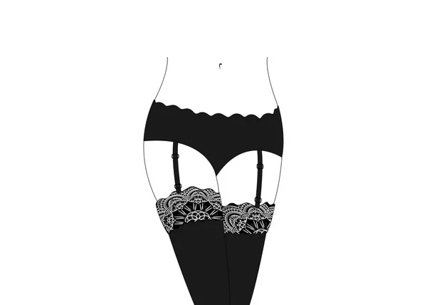 Femme sexy portant des bas, des bas de lingerie dans le porte-jarretelles, des bas à lacets noirs, des hold-ups, des hauts de cuisse et des culottes, vecteur isolé ou fond blanc — Image vectorielle
