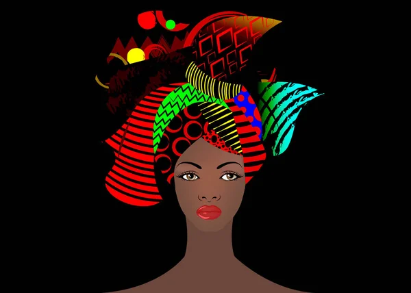 Retrato da jovem mulher africana em um turbante colorido. Envolva Afro moda, Ancara, Kente, kitenge, vestidos de mulheres africanas. Estilo nigeriano, moda ganesa. Vetor para impressão, cartaz, t-shirt, cartão — Vetor de Stock