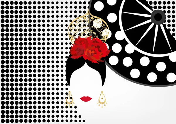 Διάνυσμα πορτρέτο του παραδοσιακά λατινικά ή ισπανική χορευτής γυναίκα, κυρία με χρυσαφί αξεσουάρ peineta, χρυσά σκουλαρίκια και κόκκινο λουλούδι, φλαμένκο εικονίδιο με παραδοσιακά χέρι ανεμιστήρα. Μαύρο πουά φόντο — Διανυσματικό Αρχείο