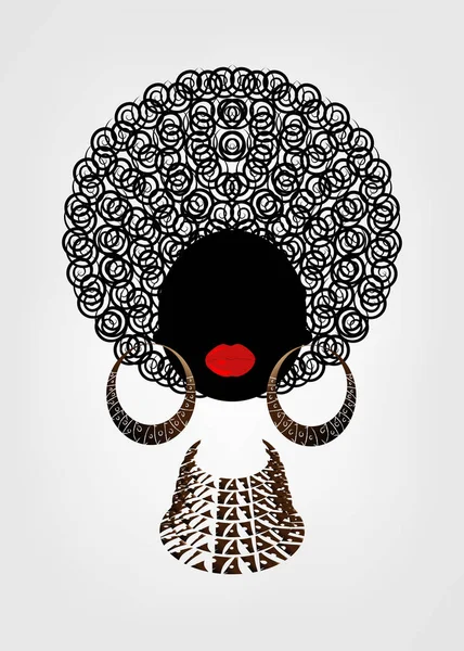 Retrato Mujeres Africanas, cara femenina de piel oscura con pelo afro y pendientes y collar étnicos tradicionales en vector aislado o blanco, concepto de estilo de pelo rizado afro o logotipo de joyería étnica — Archivo Imágenes Vectoriales